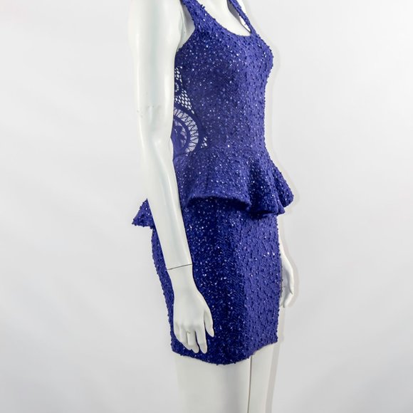 Peplum Bodycon Lace Blue Dress Short Iridescent Party Cocktail Mini Sz Small - Picture 1 of 5